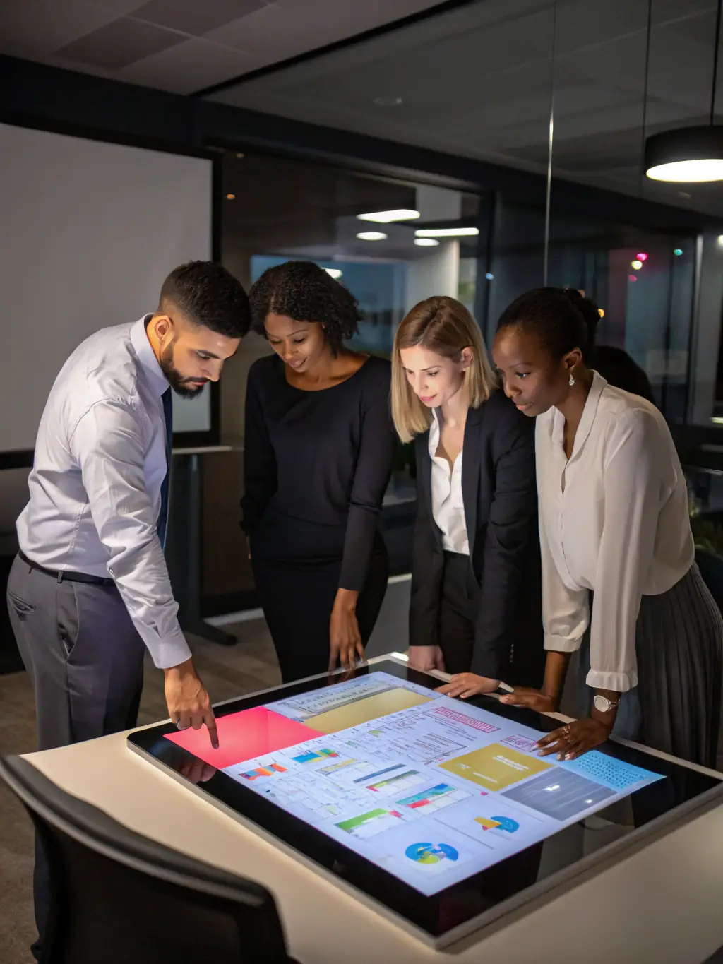 A professional debt recovery team collaborating in a modern office, using advanced analytics dashboards to strategize debt collection approaches.