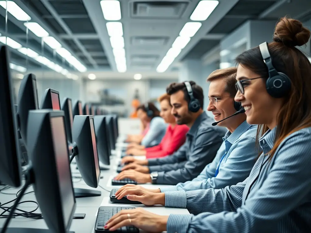 A professional workspace showing Deucomet's team using predictive dialers and CRM systems to manage amicable debt collection processes.