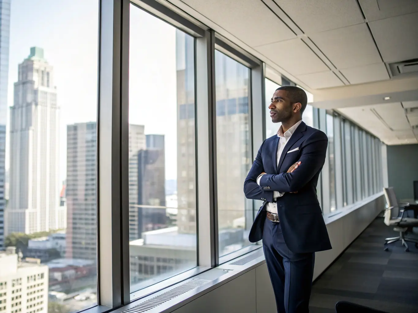 A professional in a suit confidently negotiating debt recovery terms with a client in a modern office setting, symbolizing Deucomet's commitment to effective and ethical debt resolution.