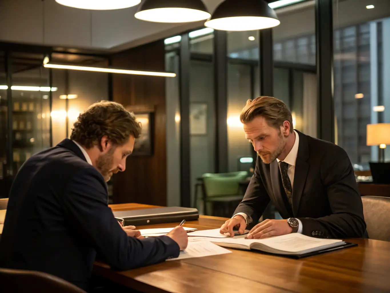 A split image showing a friendly negotiation on one side and a courtroom scene on the other, representing Deucomet's dual approach to debt recovery through amicable and judicial means.