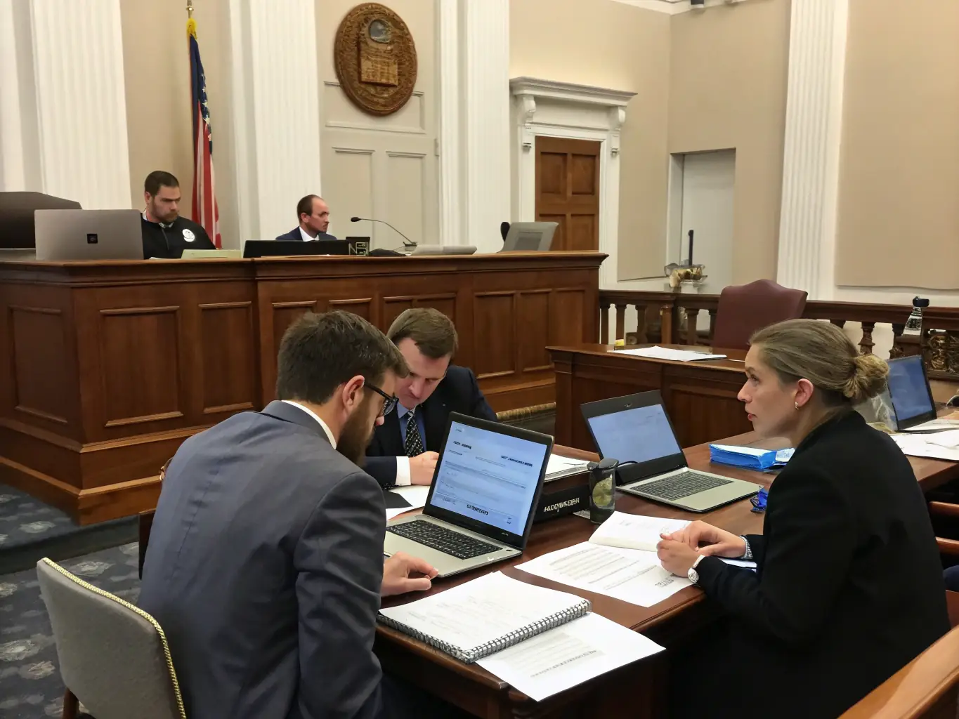 A courtroom scene depicting Deucomet's legal team handling judicial debt recovery with precision and expertise.